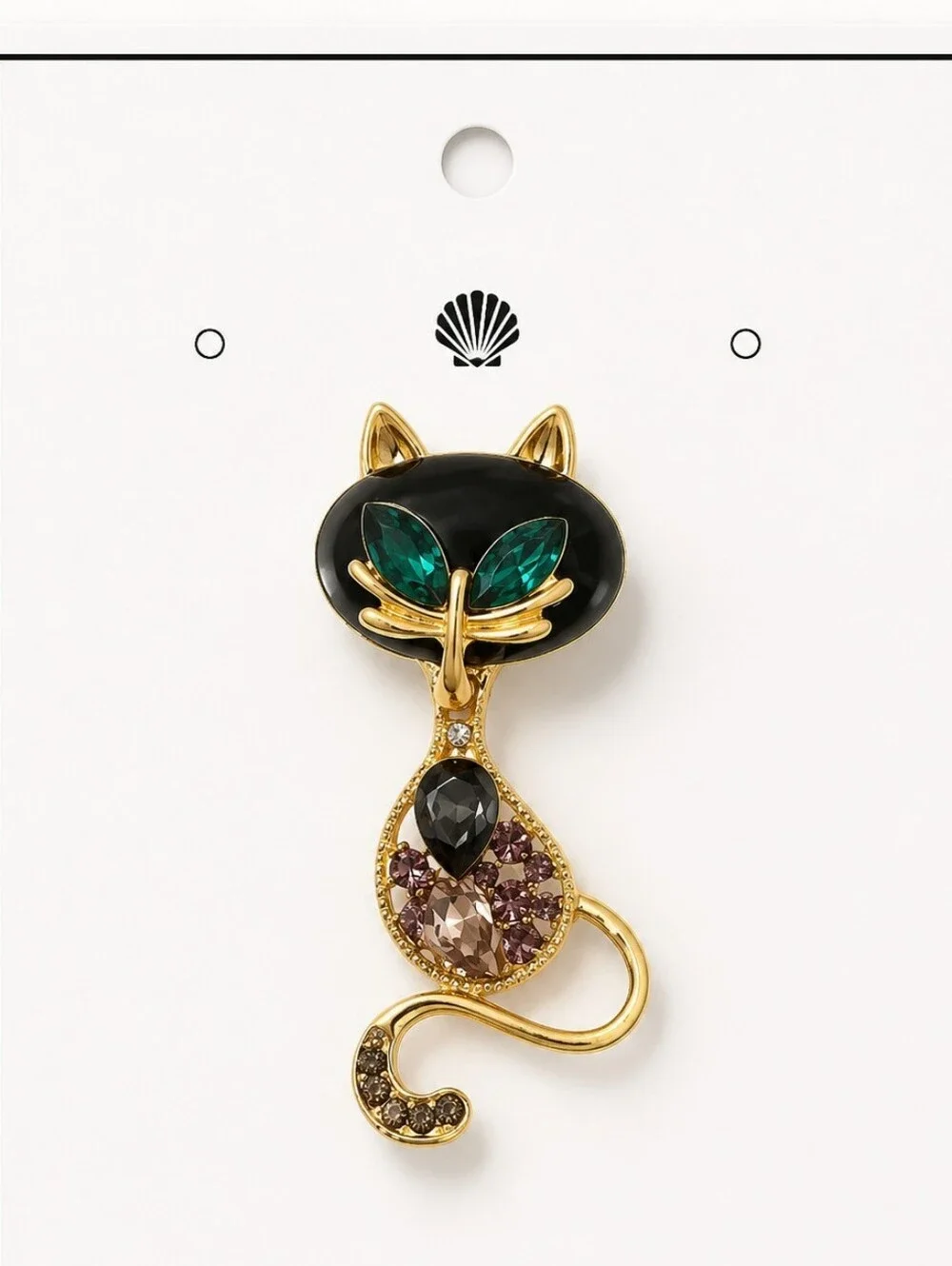 Gold-Tone Black Cat Crystal Brooch with Green Accent
